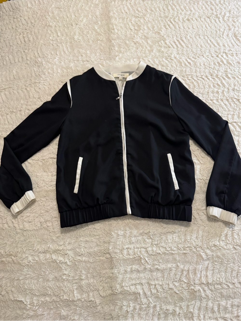 Umgee Black Bomber Jacket White Contrast Trim Size Small Lightweight Zip Up